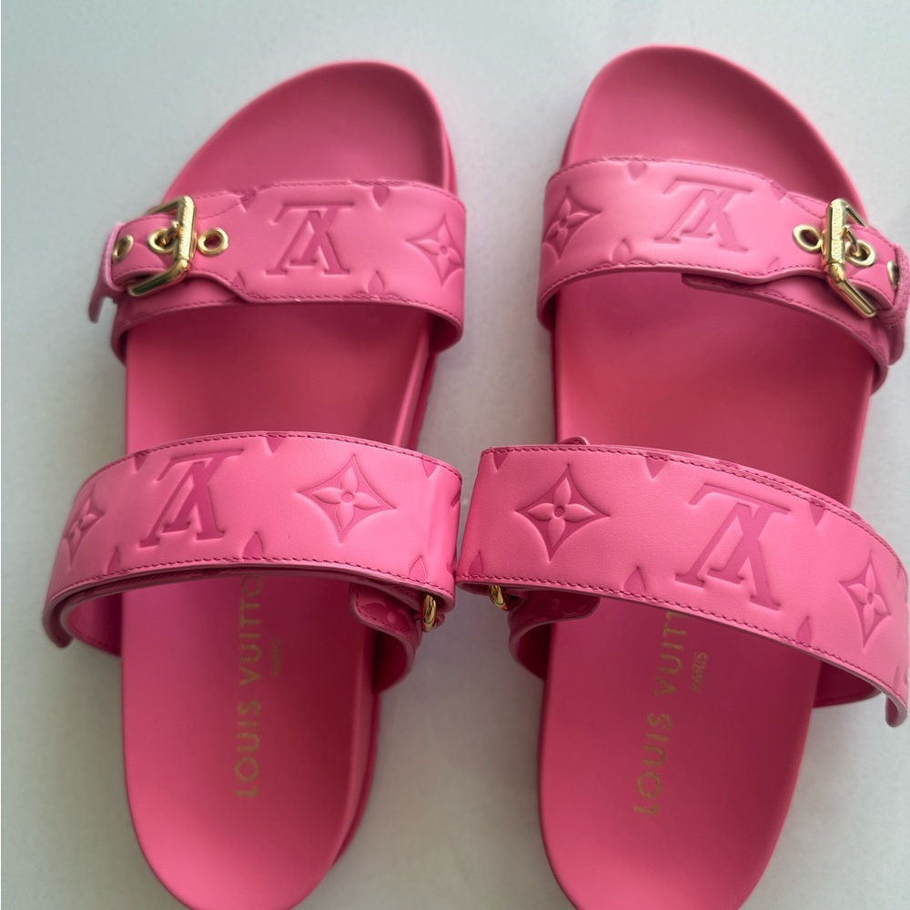 Louis Vuitton Pink Embossed Slides with Gold Buckles